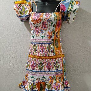 Mango -S- Dress With Puff Sleeves-colorful westernl-mini dress furrowed knitting